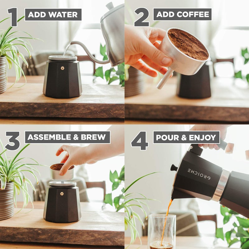 GROSCHE Milano Moka pot, Stovetop Espresso maker, Greca Coffee Maker, Stovetop coffee maker and espresso maker percolator (Black, 12 cup) - Image 5